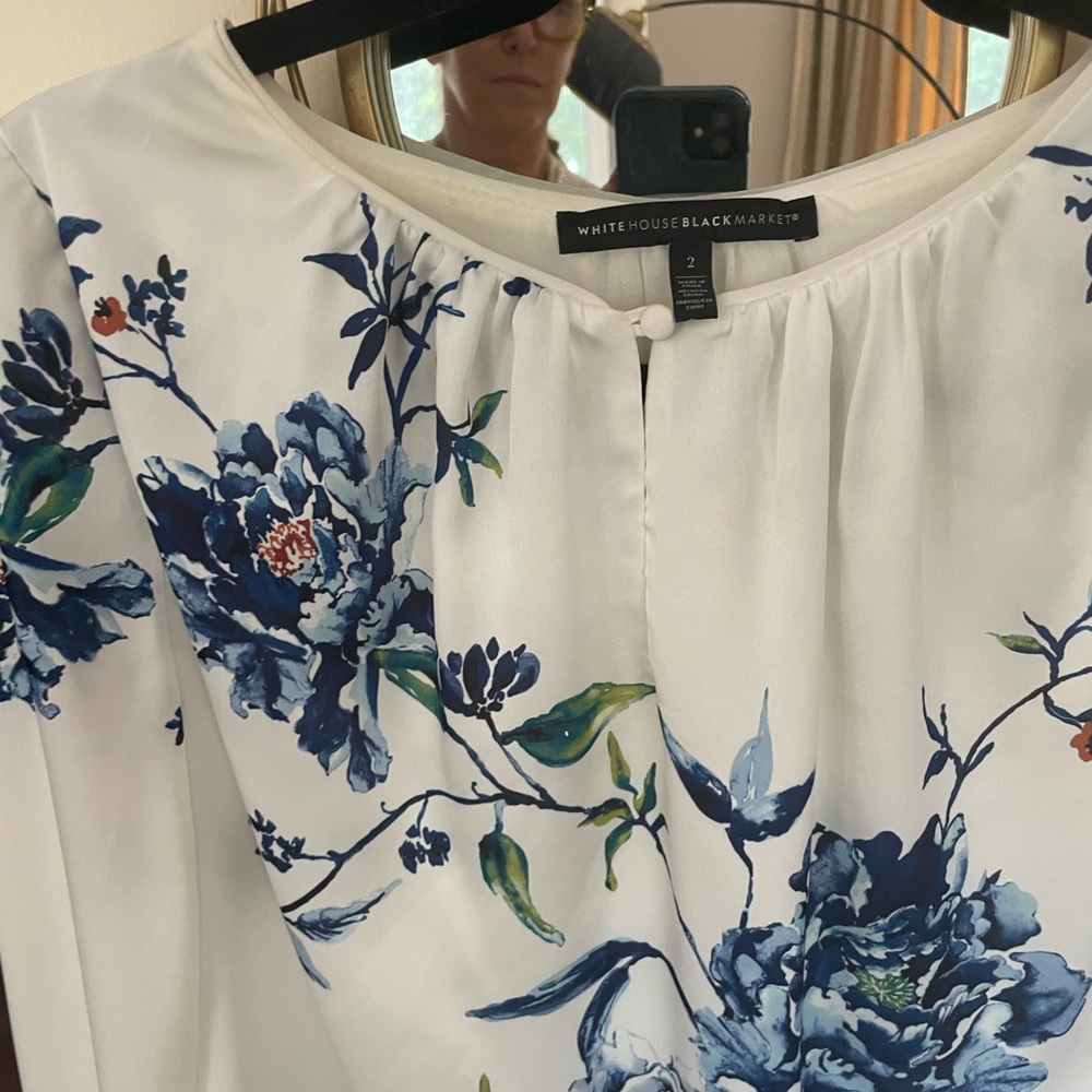 WHBM - satin like blouse - EUC - white/blue  L/S - no cuffs w/button - small